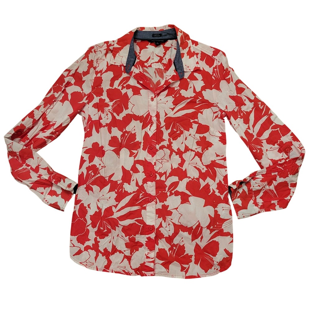 Tommy Hilfiger M Button Down Red White Floral Roll Tab Sleeve Tropical Beach